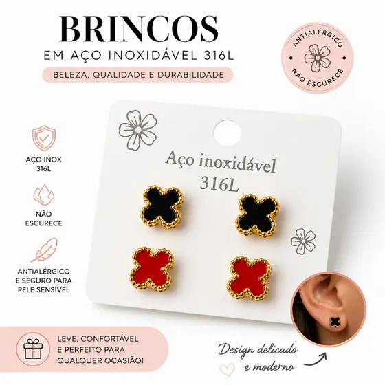 Brinco Trevo Feminino Aço Inox 316L Antialérgico Não Escurece Delicado Luxo Virginia