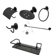 Kit Acessório Stander Para Banheiro Inox 05 Peças + 01 porta Shampoo Reto Preto