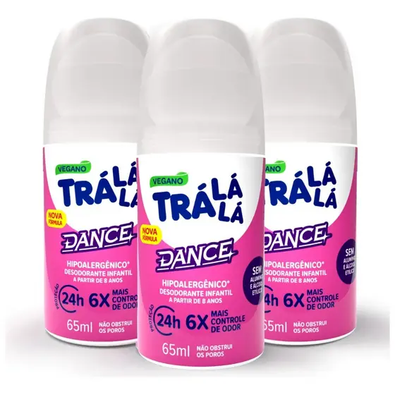Desodorante Infantil Kit com 3 Roll on Trá Lá Lá Kids Dance Sem Álcool e Sem Alumínio 65ml