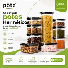 Conjunto de Potes Herméticos em Acrílico Cristal c/ Trava e Empilhável