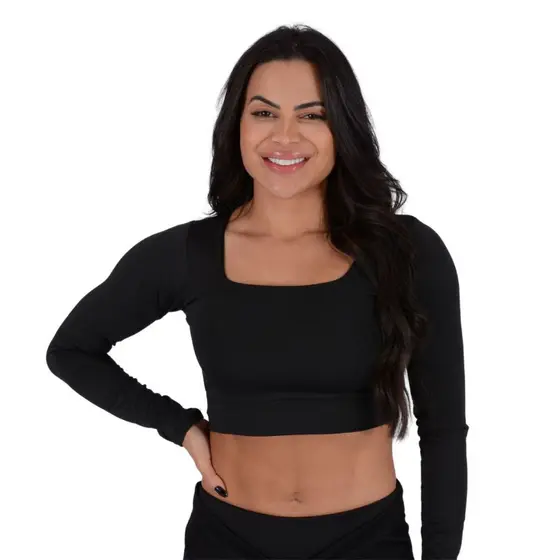 Top Academia Cropped Fitness Com Manga Longa Feminino Treino Suplex Esportivo Conforto Luxo Casual