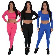 Conjunto Fitnes Calça Leg Legging Top Feminino Cropped Manga Longa Treino Academia Suplex Esportivo