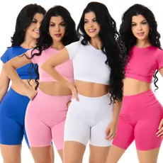 Kit 4 Conjunto Fitness Bermuda Cintura Alta Bermuda Feminino Top Academia Sem Bojo Manga Corrida