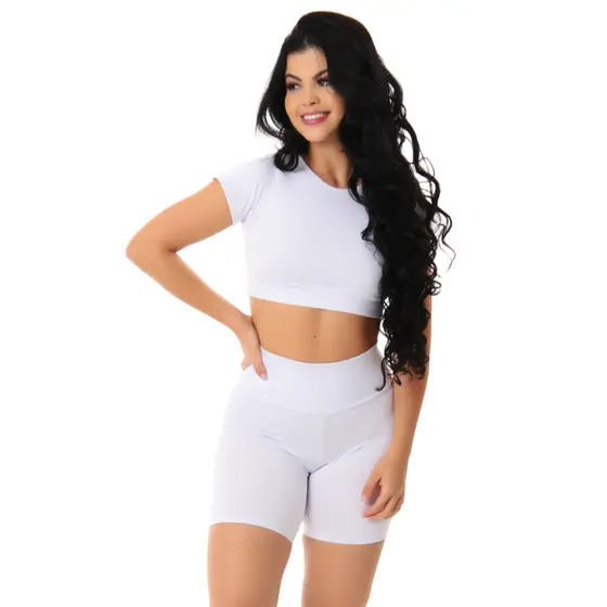 Conjunto Fitness Short Cintura Alta Feminino Top Toper Fitness Academia Camiseta Sem Bojo Manga