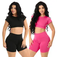 Kit 2 Conjunto Fitness Short Cintura Alta Bermuda Feminino Top Academia Camiseta Sem Bojo Manga