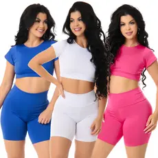 Kit 3 Conjuntos Fitnes Short Cintura Alta Bermuda Feminino Top Fitness Academia Sem Bojo Manga
