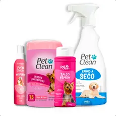 Kit Banho a Seco Sem Enxágue 500ml Talco 100g Lenço 75un Perfume 120ml Cachorro e Gato Pet Clean