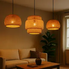 Kit 3 Luminárias Rústicas Lustre Pendente Bambu Moderno Teto Área de Festa Mesa Completo Sunfy