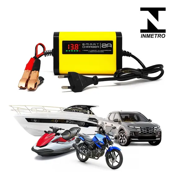 Carregador de Bateria Inteligente 12V 2AH Bivolt Automático 110V e 220V Carros e Motos