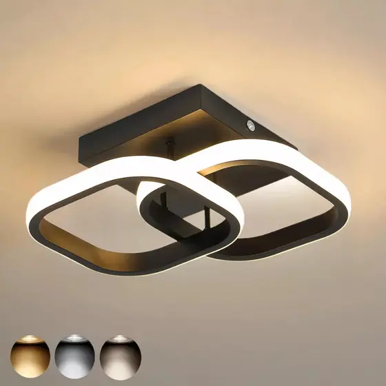 Lustre de LED 2 Quadrados Preto Moderno Teto Casa - 3 Tons - Branco Neutro, Frio e Quente 22W