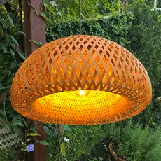 Lustre Mini Redondo Madeira Fibra Trançado Palha Malibu 35cm Rústico Bivolt Completo