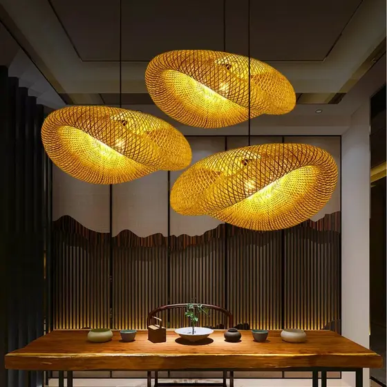 Kit 3 Luminárias de Teto Lustre Pendente Bambu Honolulu Rústico 40cm Fibra Natural Altura Ajustável