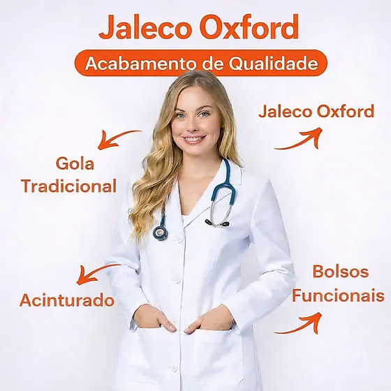 Jaleco feminino acinturado tecido oxford com botao embutido