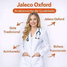 Jaleco feminino acinturado tecido oxford com botao embutido