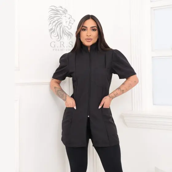 Jaleco Preto Feminino Personalizado Com Manga Bufante Gola Padre Ziper Tecido Alfaiataria