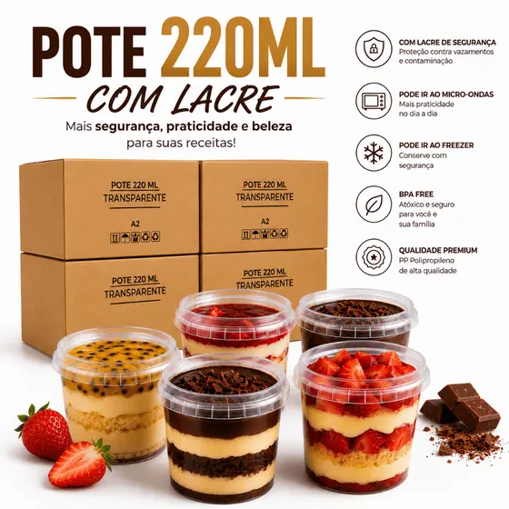 100 Potes Redondo com Lacre 220ml Bolo No Pote Sorvete Plástico Tampa Premium