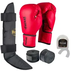Kit Boxe Muay Thai com Luva Tradicional + Bandagem+ Protetor Bucal e Caneleira Fheras