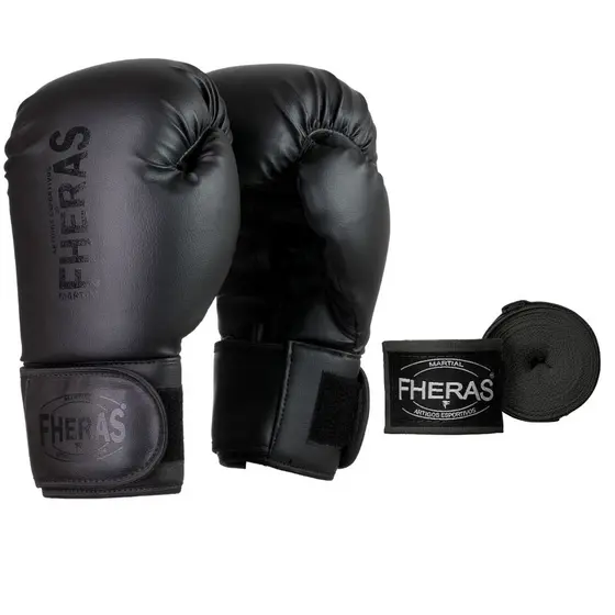 Luva Muay Thai E Boxe Fheras Edição Especial All Black Com Bandagem de Algodão Fheras