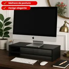 Suporte Monitor Standard com Divisória Preto Mdf, Suporte de Compuatador de Madeira