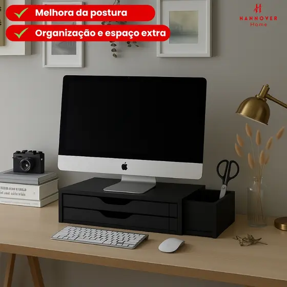 Suporte Para Monitor Preto com Nicho Em MDF 2 Gavetas Base Para  Computador