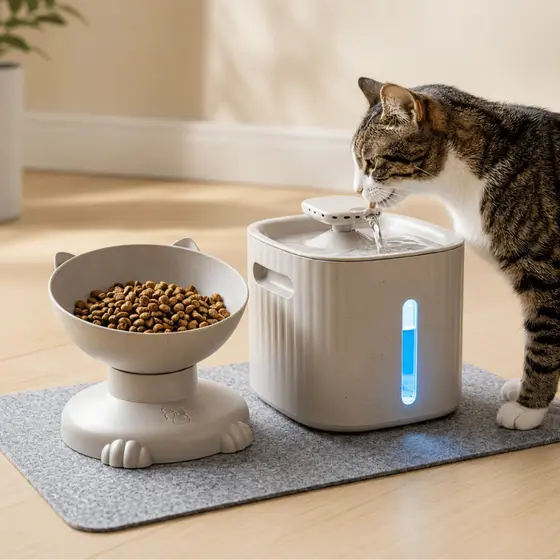 Fonte de Água Automática para Gatos com Filtro e Comedouro USB Elegante com Led Acoplado