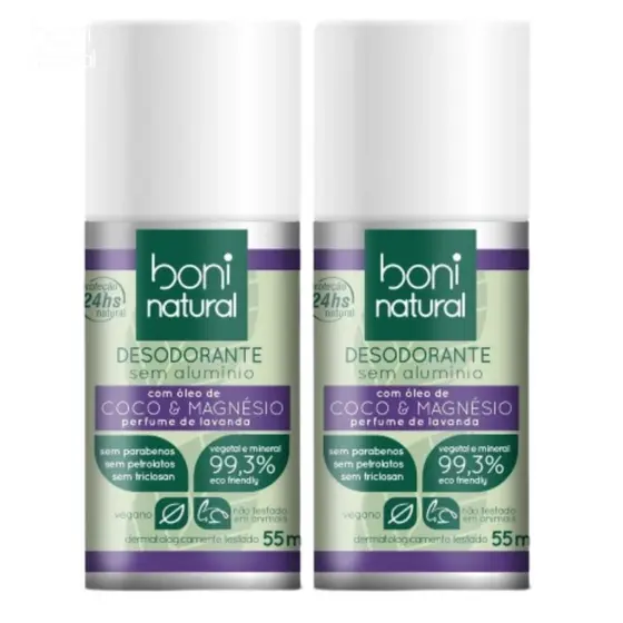 Kit 2 Desodorante Sem Alumínio Rollon Coco E Magnésio Lavanda 55ml Boni Natural