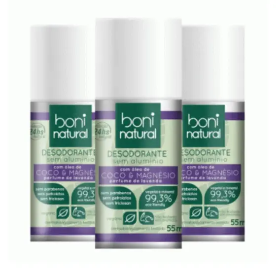 Kit 3 Rollon Desodorante Sem Alumínio Coco E Magnésio Perfume Lavanda 55ml Boni Natural
