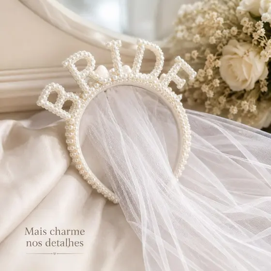 Tiara Bride Noiva Com Véu Branco Detalhe Perolado Para Festa