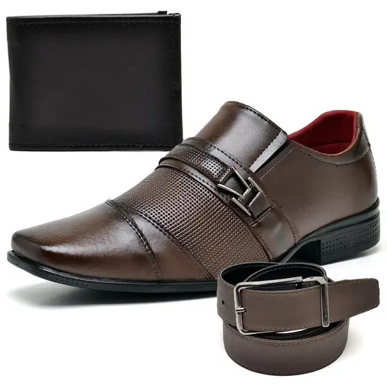 Sapato Social Masculino Marrom de Fivela Kit com Cinto e Carteira Brinde