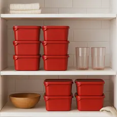 Kit 10 Potes Plásticos Vermelhos para Marmita, Freezer e Micro-ondas