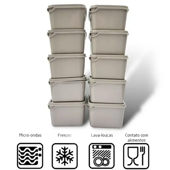 Kit 10 Potes Retangular com Tampa | Marmita Fitness | Freezer e Micro-ondas | BPA Free