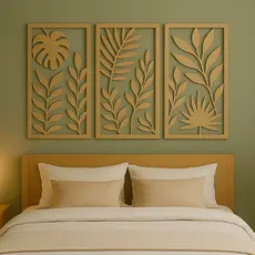 Painel Triplo de Folhagem em MDF – Decoração Moderna e Aconchegante