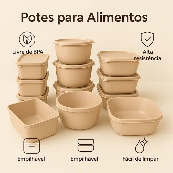 Kit 15 Potes Multiuso com Tampa Hermética – Bege, Preto e Rosa