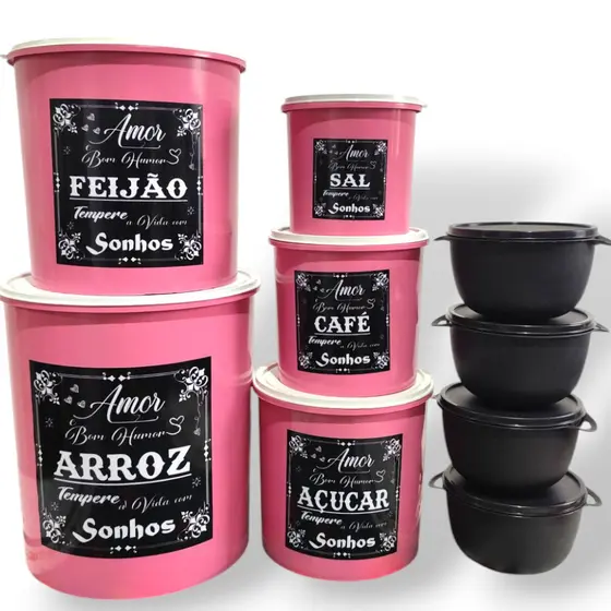 Kit 5 Potes mantimentos plástico 5 peças + 4 potes redondos Bowl 1 litro para cozinha Geladeira