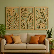 Trio de Quadros Decorativos Folhas em MDF – Parede Moderna e Natural
