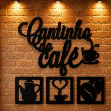 Kit Escrita Cantinho do Café Decoração De Parede Aplique Preto MDF Frase Decorativa Xícara