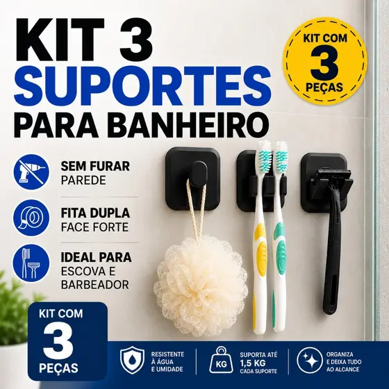 Kit 3 Suportes Banheiro Sem Furar Porta Escova Barbeador Bucha