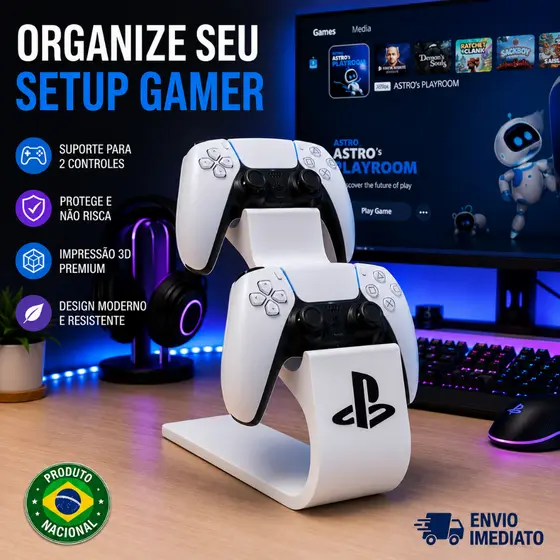 Suporte Para 2 Controles PS5 PS4 Organizador Gamer Base 3D Premium Preto e Branco