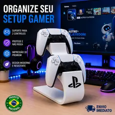 Suporte Para 2 Controles PS5 PS4 Organizador Gamer Base 3D Premium Preto e Branco