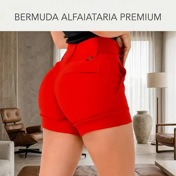 Short Feminino Alfaiataria Premium Cintura Alta Social Elegante com Bolsos Casual Confortável