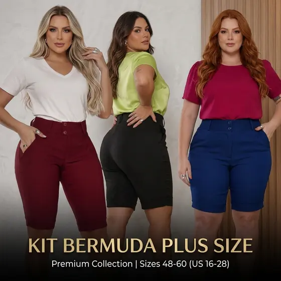 Kit 3 Bermudas Femininas Plus Size Cintura Alta Social Bengaline Premium do 36 ao 46