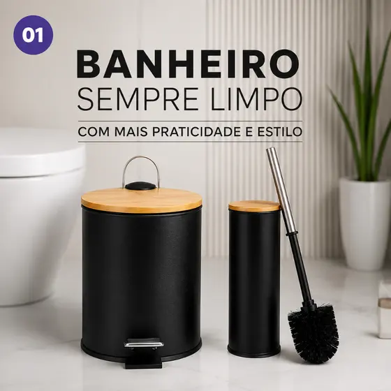 Kit Lixeira 5L com Pedal + Escova Sanitária Preta Tampa Bambu Banheiro Moderno 3 Opções Banheiro