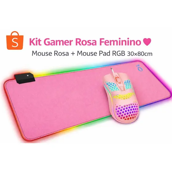 Kit Gamer Rosa Feminino 💗 Mouse com DPI Ajustável + Mouse Pad RGB 30x80cm Antiderrapante USB