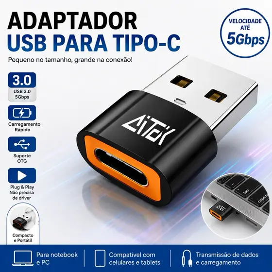 Adaptador OTG USB 3.0 Macho para USB Tipo-C Fêmea, Carregamento Rápido, Transferência de Dados 5Gbps, Alumínio