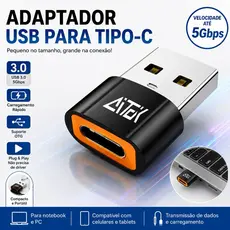 Adaptador OTG USB 3.0 Macho para USB Tipo-C Fêmea, Carregamento Rápido, Transferência de Dados 5Gbps, Alumínio