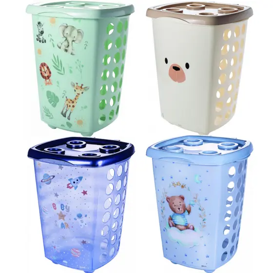 Cesto de Roupa com Tampa 38L Safari, Astronauta, Urso Caramelo e Urso Azul Bebê Menino - Plasútil