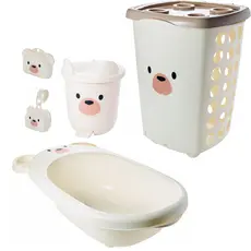 Kit Cesto de Roupa 38L, Saboneteira com Tampa e Porta Chupeta Para Bebês URSO CARAMELO