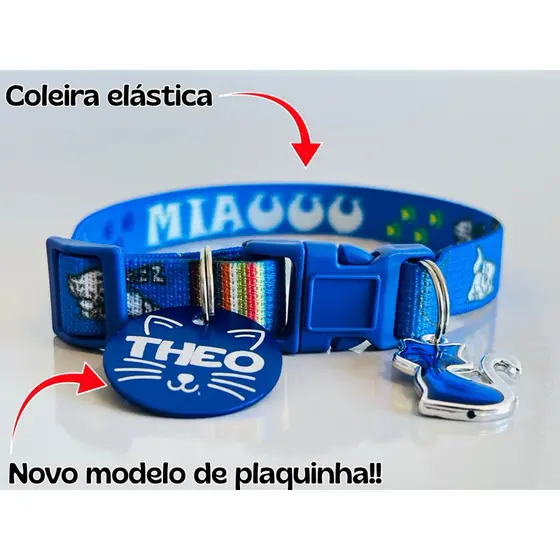 Coleira para gato elástica anti enforcamento e placa de identificação
