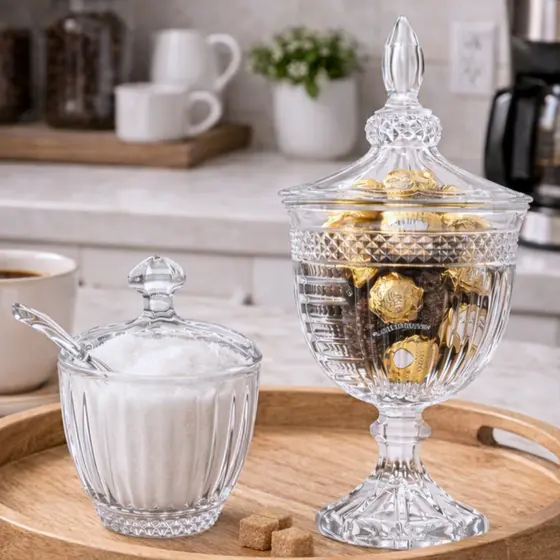 Kit Açucareiro Cristal Bomboniere Potiche com Pé de Vidro Cristal Cantinho do Café