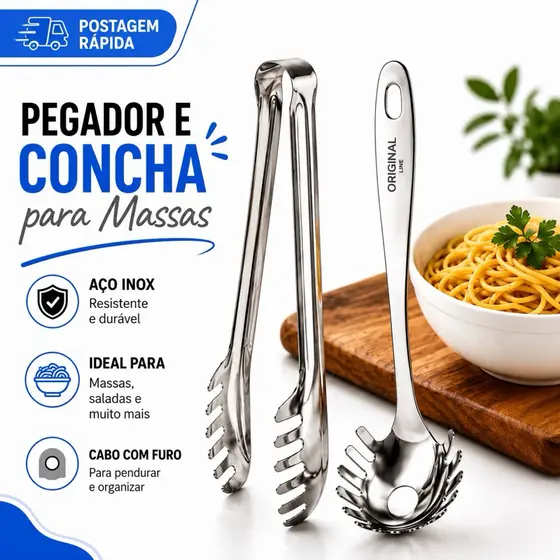 Kit Pegador e Concha Massas em Aço Inox Utensílios para Servir Macarrão e Salada